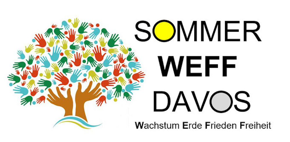 Illustration eines Baumes bestehend aus lauter Händen und den Worten Sommer WEFF Davos, Wachstum, Erde, Frieden, Freiheit