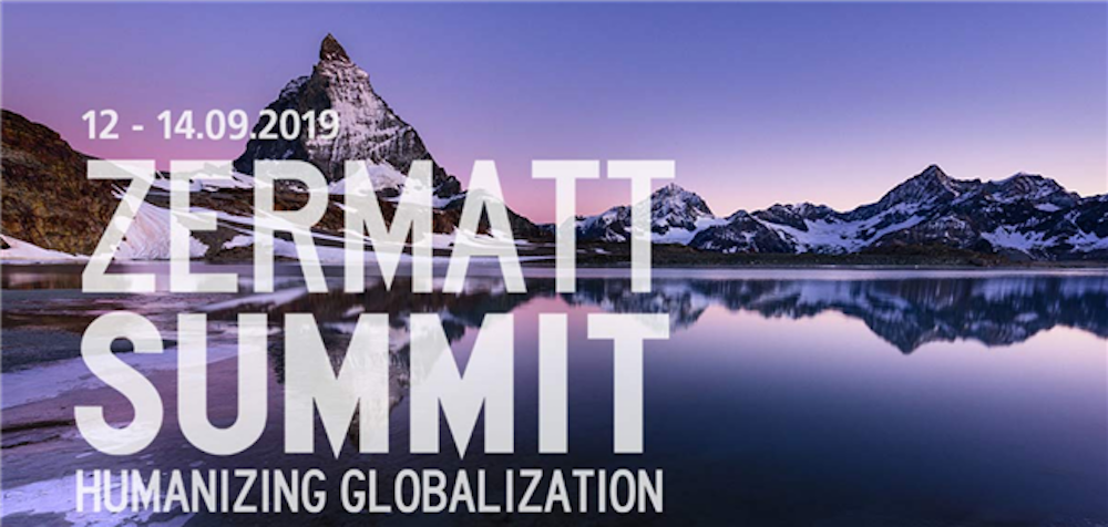 Matterhorn im Hintergrund mit Schriftzug ZERMATT SUMMIT, Humanizing Globalisation