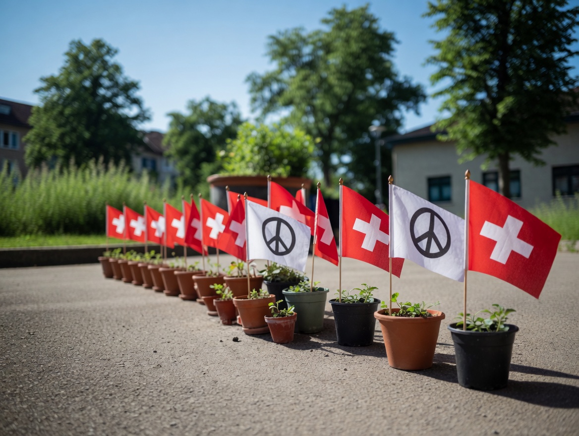 Schweizerfähnchen in alle Blumentöpfe auf allen Balkons, Fensterbänke und im Garten. Für die Schweiz = Frieden.
