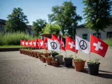 Schweizerfähnchen in alle Blumentöpfe auf allen Balkons, Fensterbänke und im Garten. Für die Schweiz = Frieden.